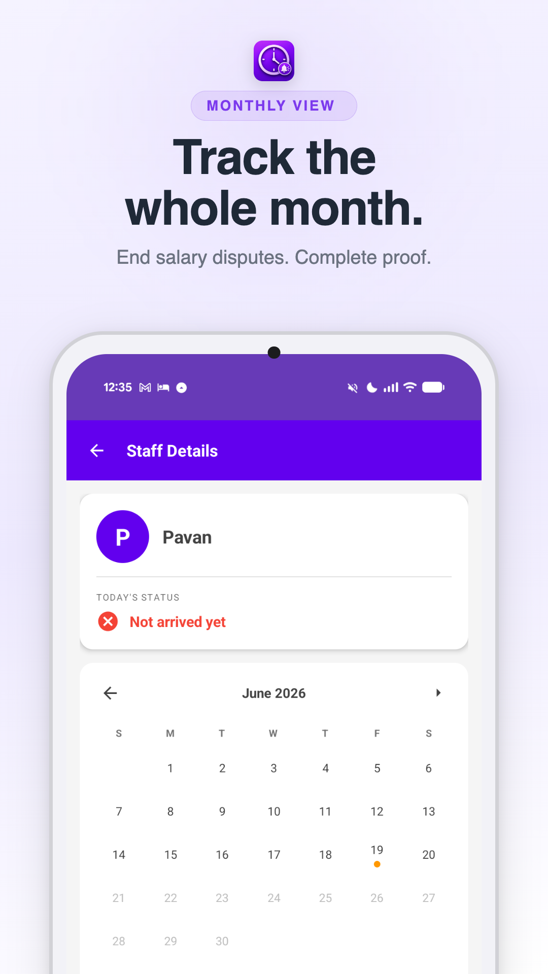 Monthly calendar view for attendance tracking